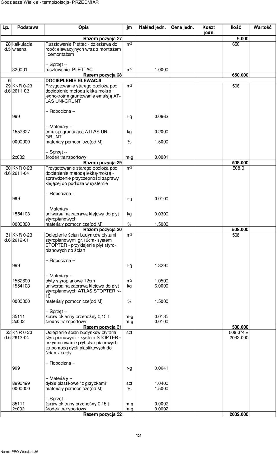 6 KNR 0-23 2611-02 Przygotowanie starego podłoża pod docieplenie metodą lekką-mokrą - jednokrotne gruntowanie emulsją AT- LAS UNI-GRUNT 999 r-g 0.0662 1552327 emulsja gruntująca ATLAS UNI- kg 0.