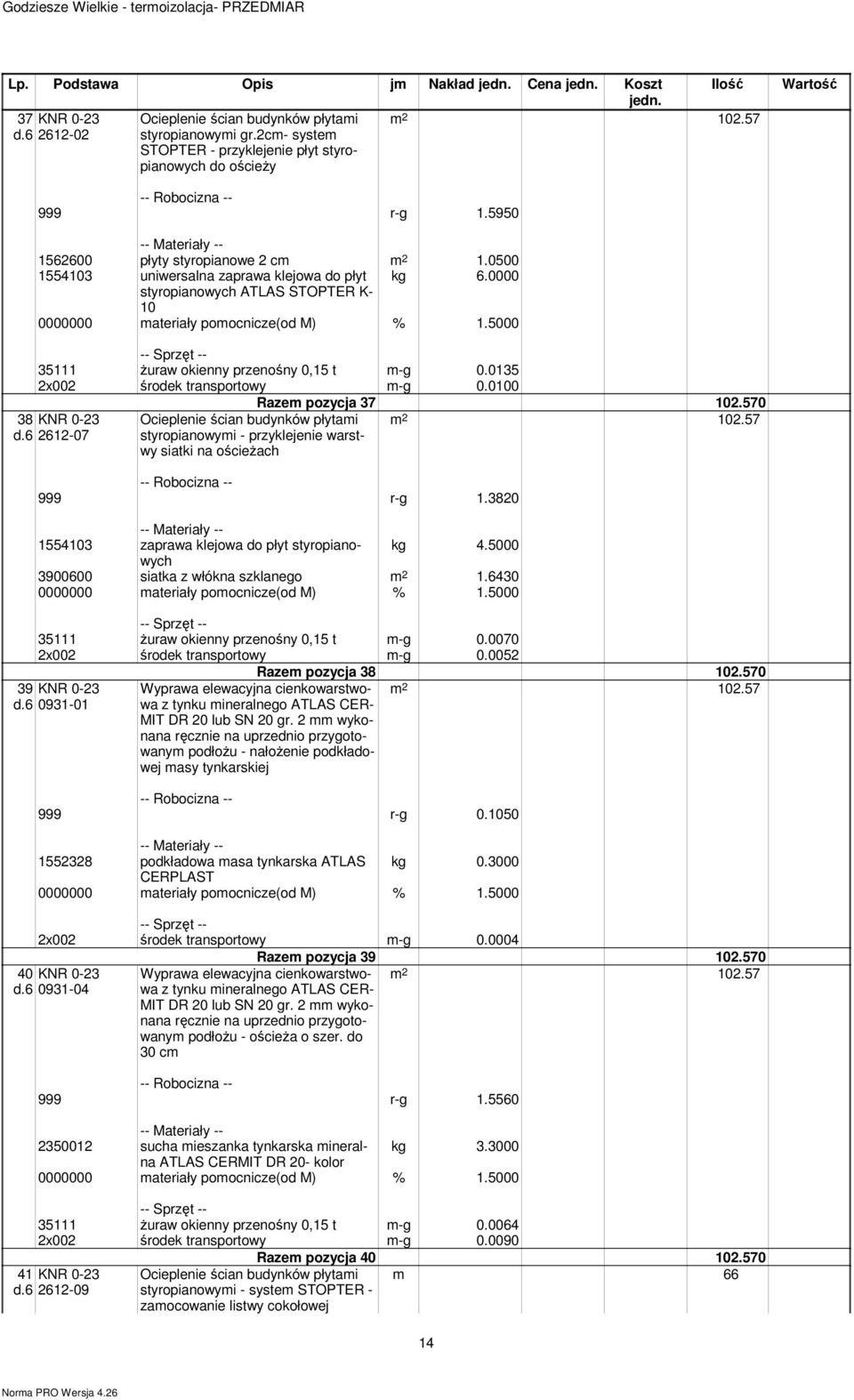 0135 2x002 środek transportowy m-g 0.0100 38 KNR 0-23 d.6 2612-07 Ocieplenie ścian budynków płytami styropianowymi - przyklejenie warstwy siatki na ościeżach Razem pozycja 37 102.570 102.57 999 r-g 1.