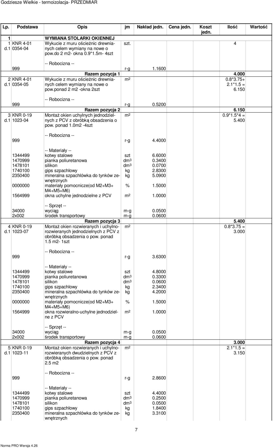 5200 3 KNR 0-19 d.1 1023-04 Montaż okien uchylnych jednodzielnych z PCV z obróbką obsadzenia o pow. ponad 1.0m2-4szt Razem pozycja 2 6.150 0.9*1.5*4 = 5.400 999 r-g 4.4000 1344499 kotwy stalowe szt 6.