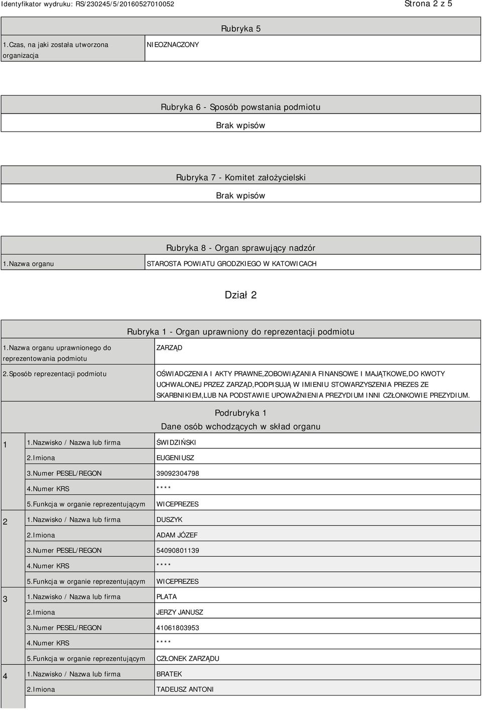 Sposób reprezentacji podmiotu ZARZĄD OŚWIADCZENIA I AKTY PRAWNE,ZOBOWIĄZANIA FINANSOWE I MAJĄTKOWE,DO KWOTY UCHWALONEJ PRZEZ ZARZĄD,PODPISUJĄ W IMIENIU STOWARZYSZENIA PREZES ZE SKARBNIKIEM,LUB NA