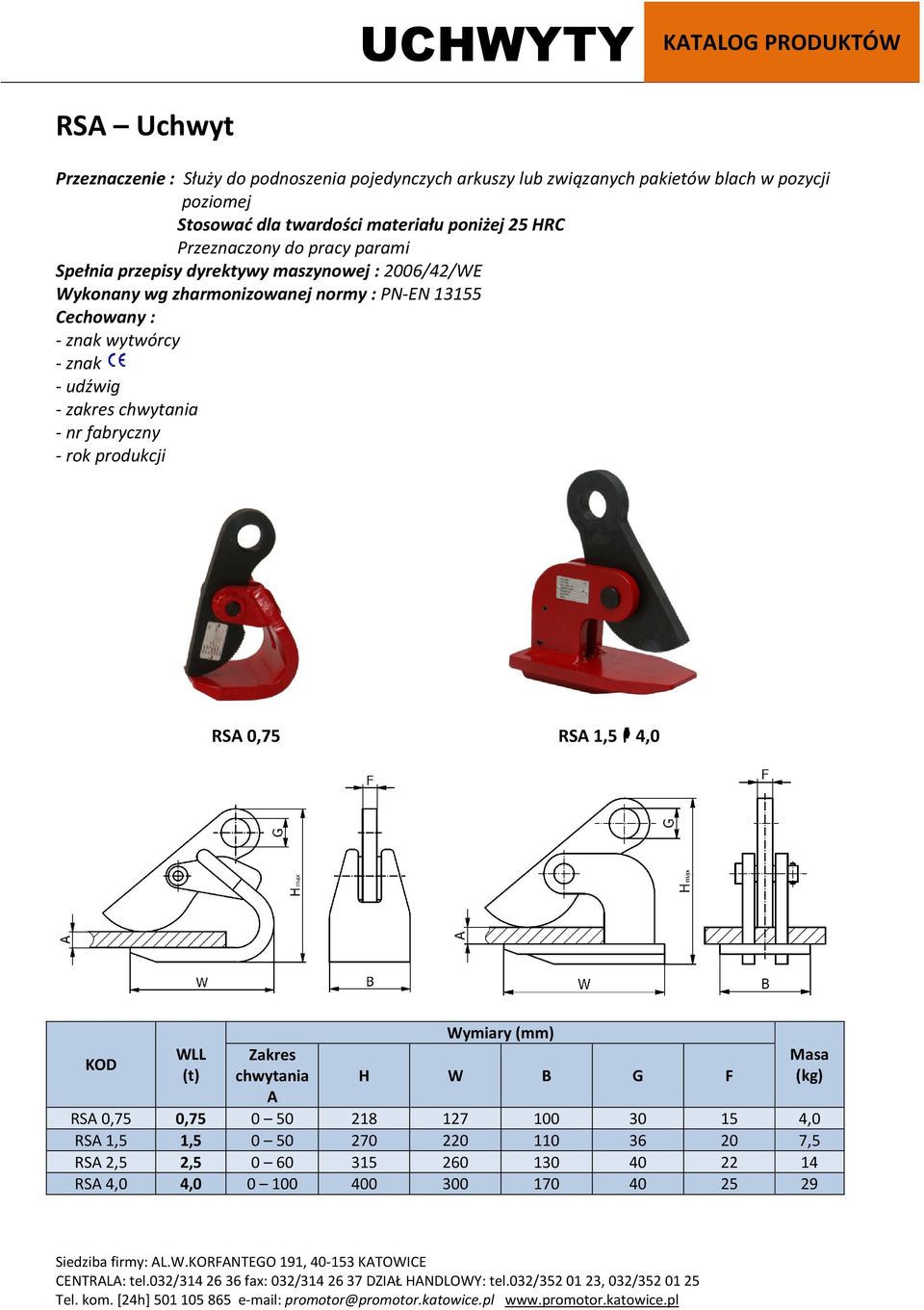 chwytania RSA 0,75 RSA 1,5 4,0 (t) Zakres chwytania A H W B G F RSA 0,75 0,75 0 50 218 127 100 30 15 4,0