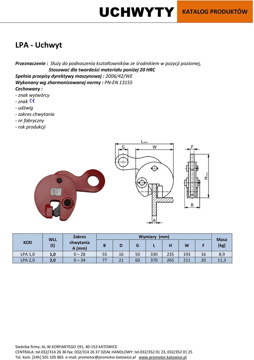 HRC - zakres chwytania (t) Zakres chwytania A (mm) B D G L H W F (kg) LPA