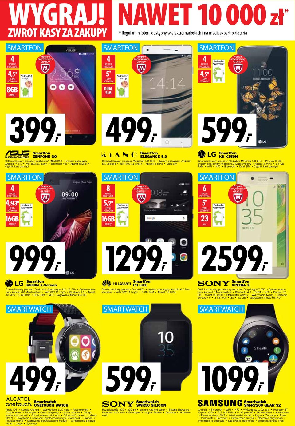 11 b/g/n Bluetooth 4.0 Aparat 8 MPix Czytnik kart pamięci SMARTFON 4 RDZENI PROCESORA 4,93" EKRAN DOTYKOWY 16GB PAMIĘĆ Android 6 Marshmallow Smartfon ELEGANCE 5.