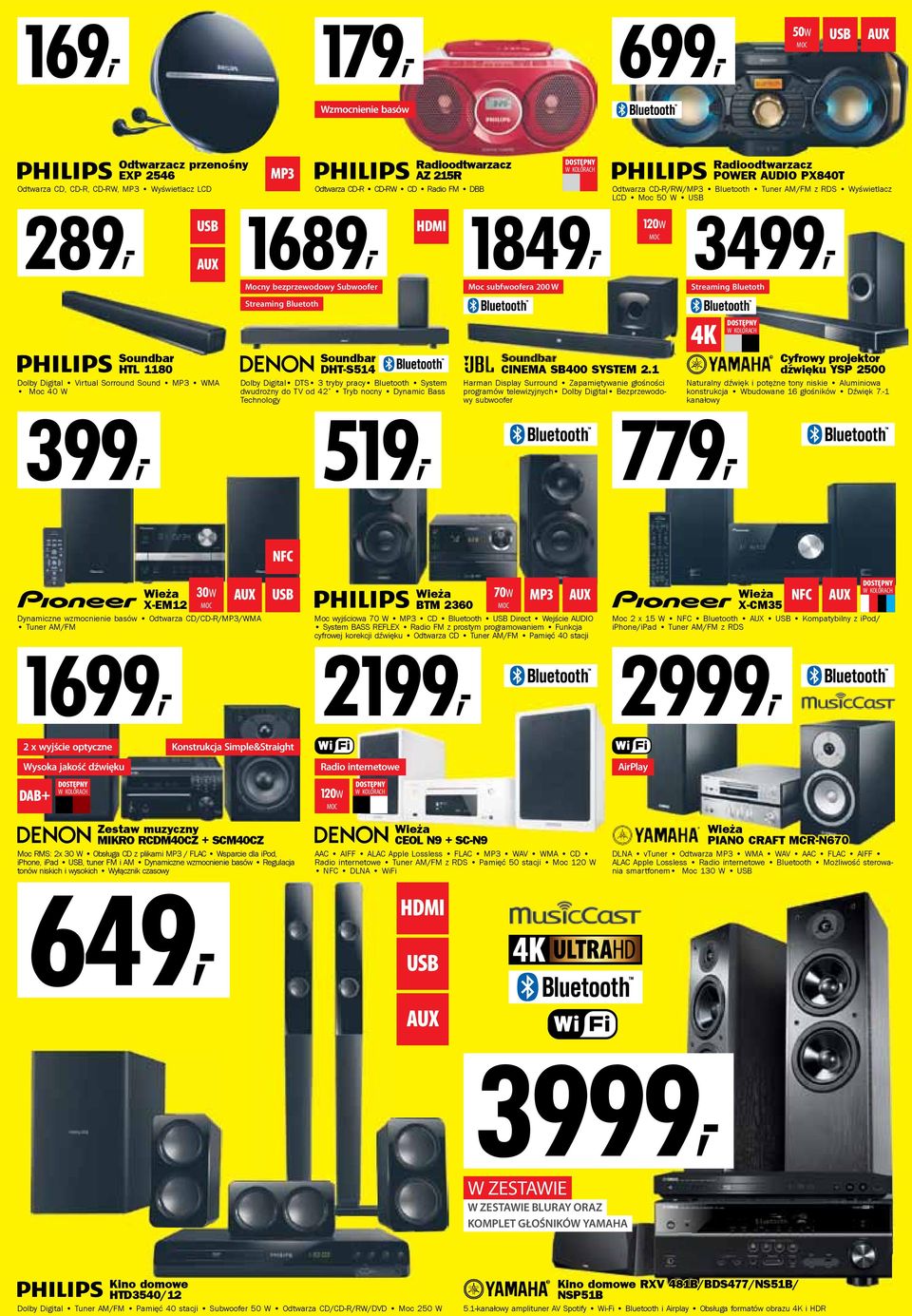 Streaming Bluetoth Soundbar HTL 1180 Dolby Digital Virtual Sorround Sound MP3 WMA Moc 40 W 399, Soundbar DHT-S514 Dolby Digital DTS 3 tryby pracy Bluetooth System dwudrożny do TV od 42 Tryb nocny