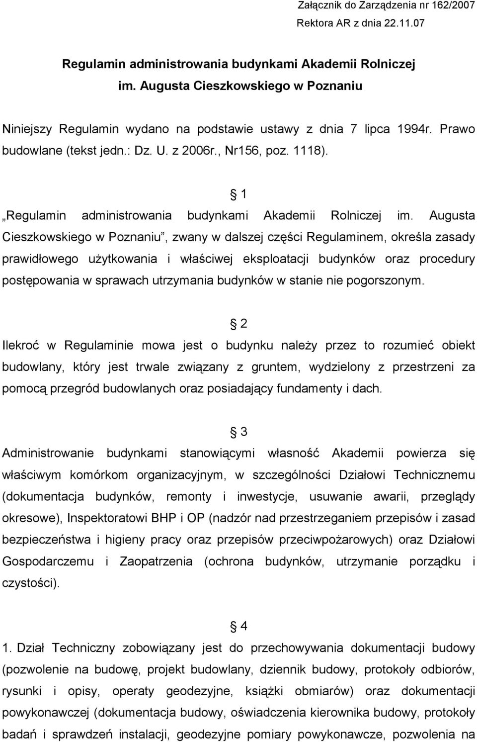 1 Regulamin administrowania budynkami Akademii Rolniczej im.