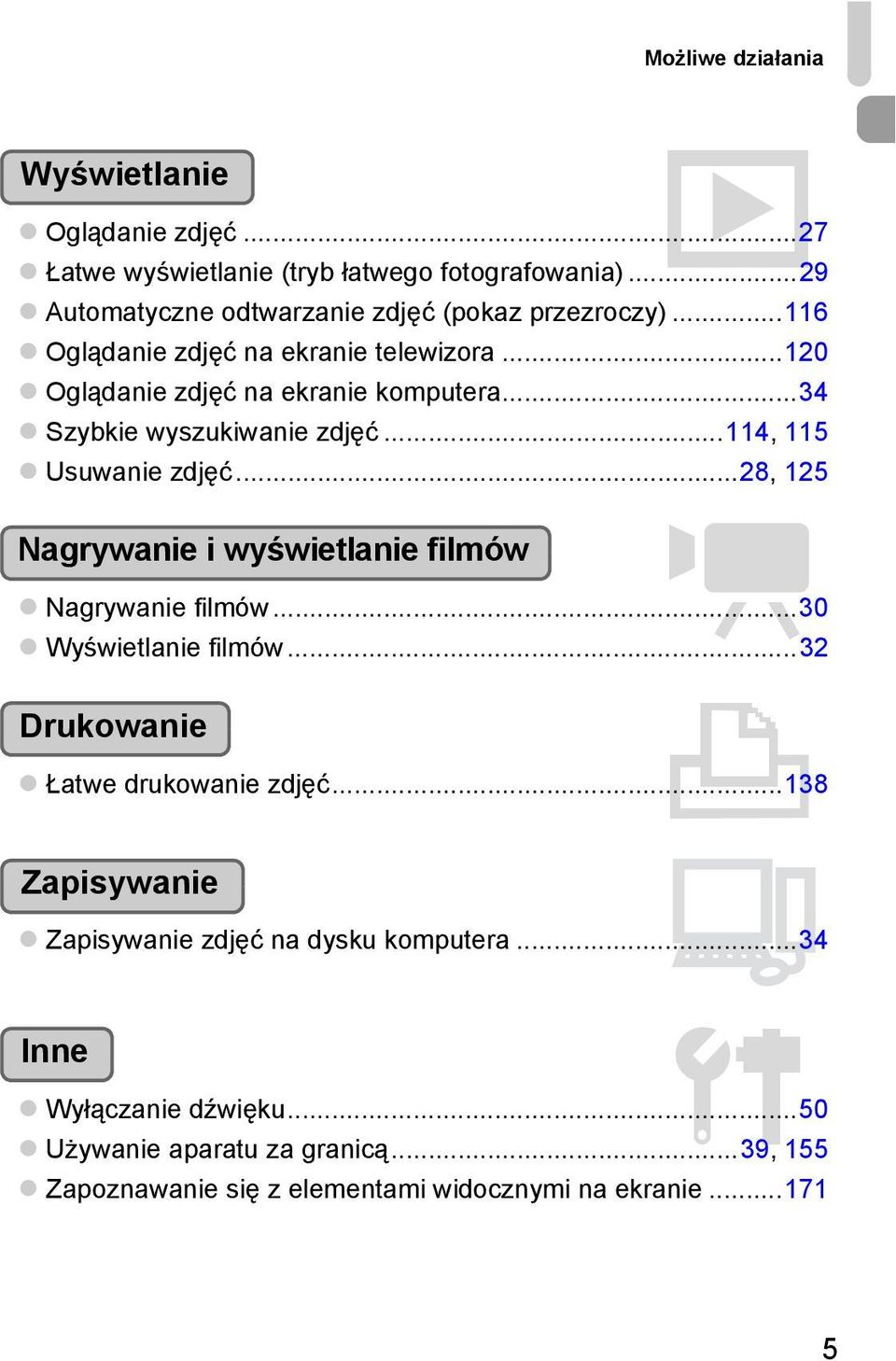 ..34 Szybkie wyszukiwanie zdjęć...114, 115 Usuwanie zdjęć...28, 125 Nagrywanie i wyświetlanie filmów E Nagrywanie filmów...30 Wyświetlanie filmów.