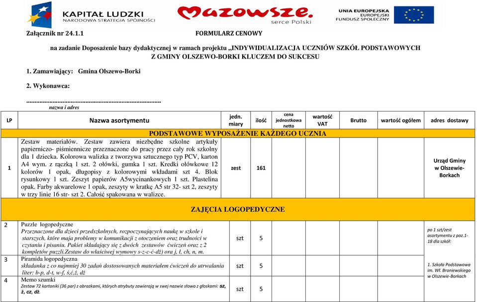 Zestaw zawiera niezbędne szkolne artykuły papierniczo- piśmiennicze przeznaczone do pracy przez cały rok szkolny dla 1 dziecka. Kolorowa walizka z tworzywa sztucznego typ PCV, karton A4 wym.