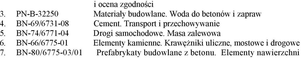 BN-74/6771-04 Drogi samochodowe. Masa zalewowa 6. BN-66/6775-01 Elementy kamienne.