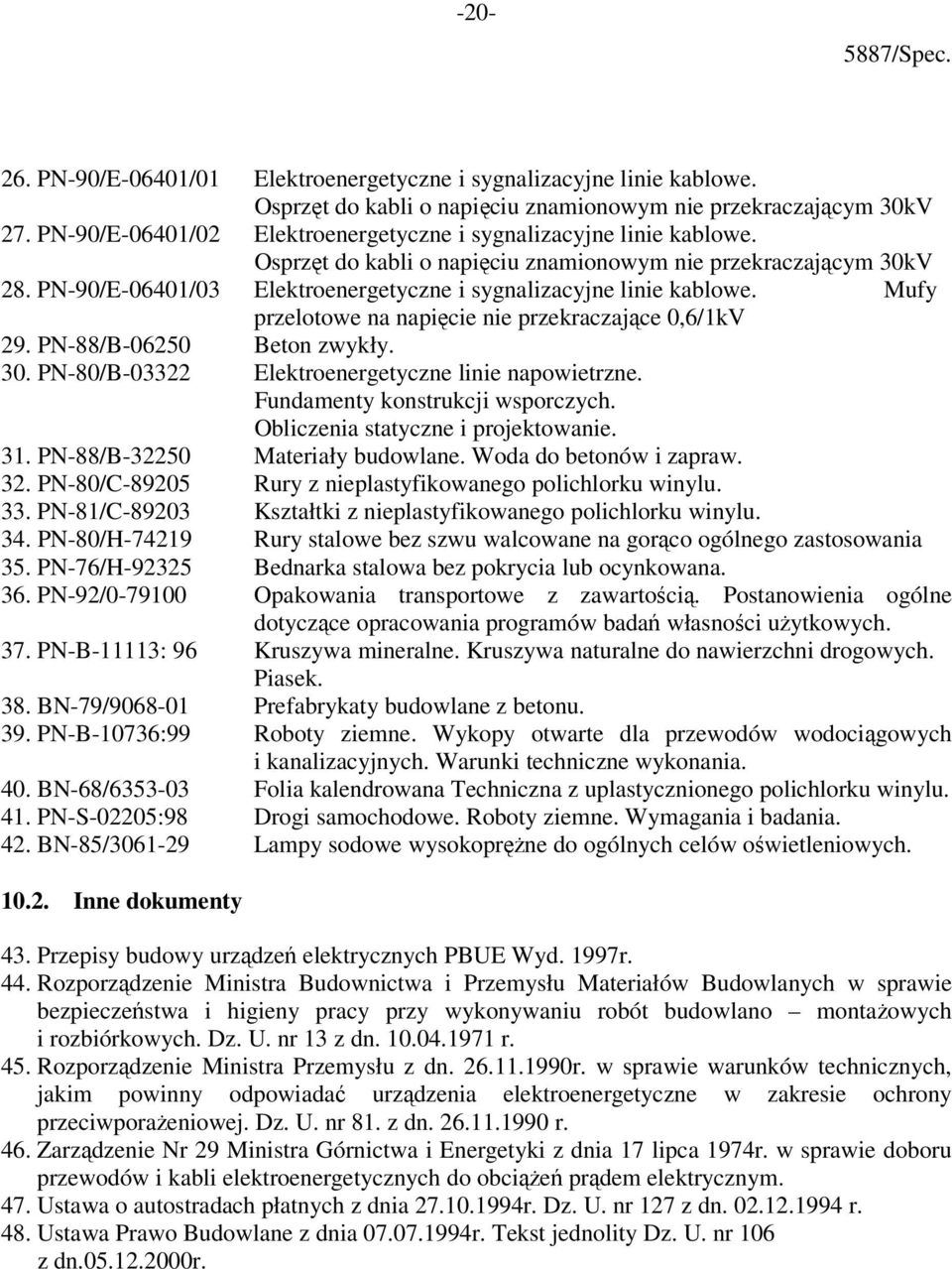 PN-90/E-06401/03 Elektroenergetyczne i sygnalizacyjne linie kablowe. Mufy przelotowe na napięcie nie przekraczające 0,6/1kV 29. PN-88/B-06250 Beton zwykły. 30.
