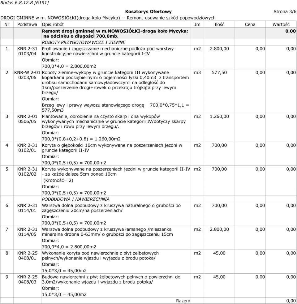 ROBOTY PRZYGOTOWAWCZE I ZIEMNE Profilowanie i zagęszczanie mechaniczne podłoża pod warstwy konstrukcyjne nawierzchni w gruncie kategorii I-IV 700,0*4,0 = 2.