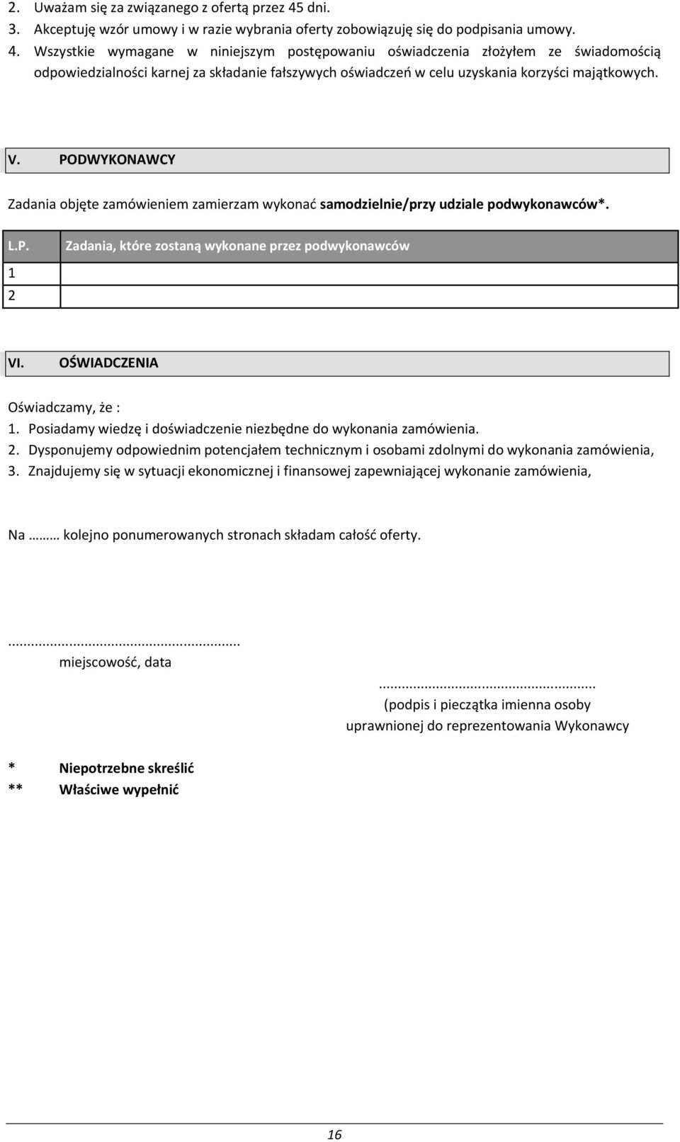 Wszystkie wymagane w niniejszym postępowaniu oświadczenia złożyłem ze świadomością odpowiedzialności karnej za składanie fałszywych oświadczeń w celu uzyskania korzyści majątkowych. V.