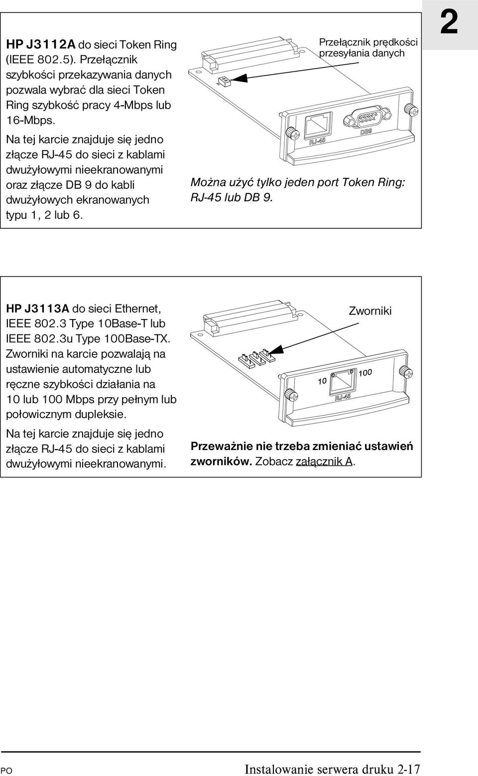 Przełącznik prędkości przesyłania danych Można użyć tylko jeden port Token Ring: RJ-45 lub DB 9. 2 HP J3113A do sieci Ethernet, IEEE 802.3 Type 10Base-T lub IEEE 802.3u Type 100Base-TX.