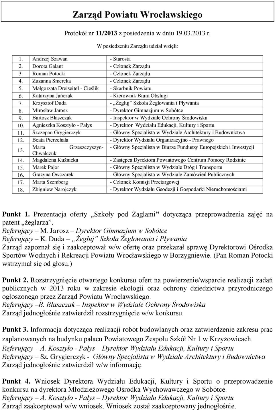 Krzysztof Duda - Żegluj Szkoła Żeglowania i Pływania 8. Mirosław Jarosz - Dyrektor Gimnazjum w Sobótce 9. Bartosz Błaszczak - Inspektor w Wydziale Ochrony Środowiska 10.