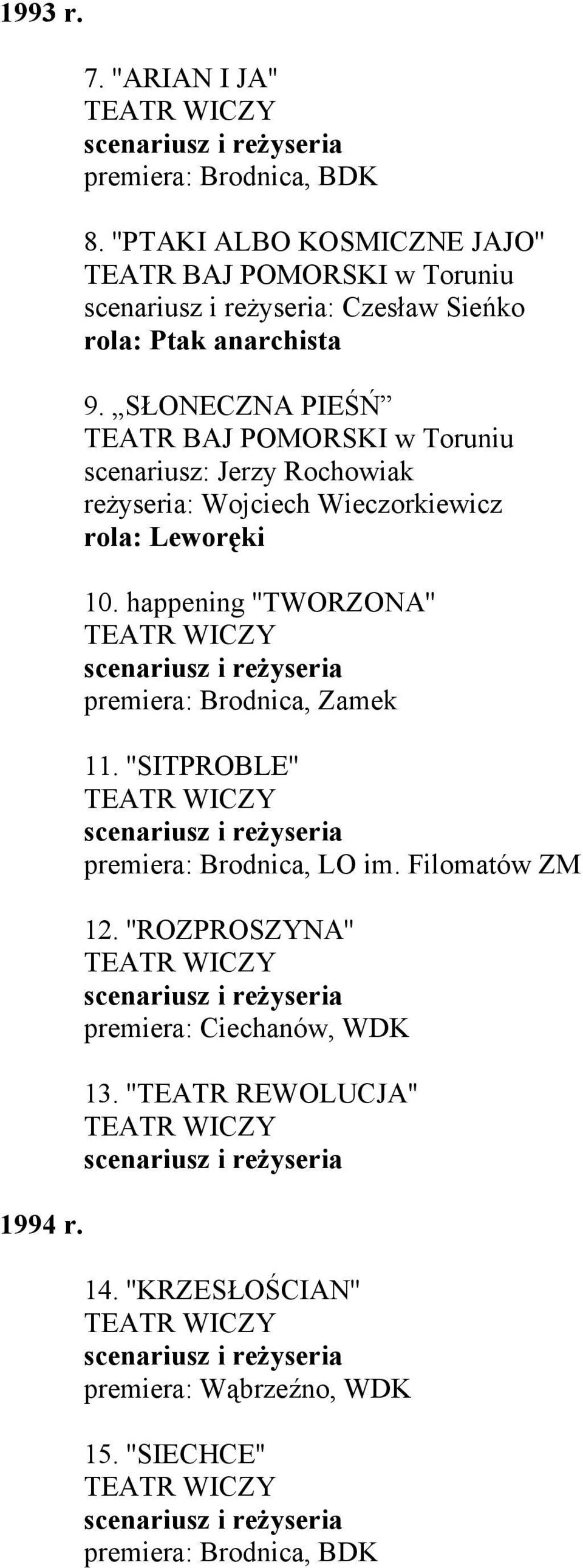 SŁONECZNA PIEŚŃ TEATR BAJ POMORSKI w Toruniu scenariusz: Jerzy Rochowiak reżyseria: Wojciech Wieczorkiewicz rola: Leworęki 10.