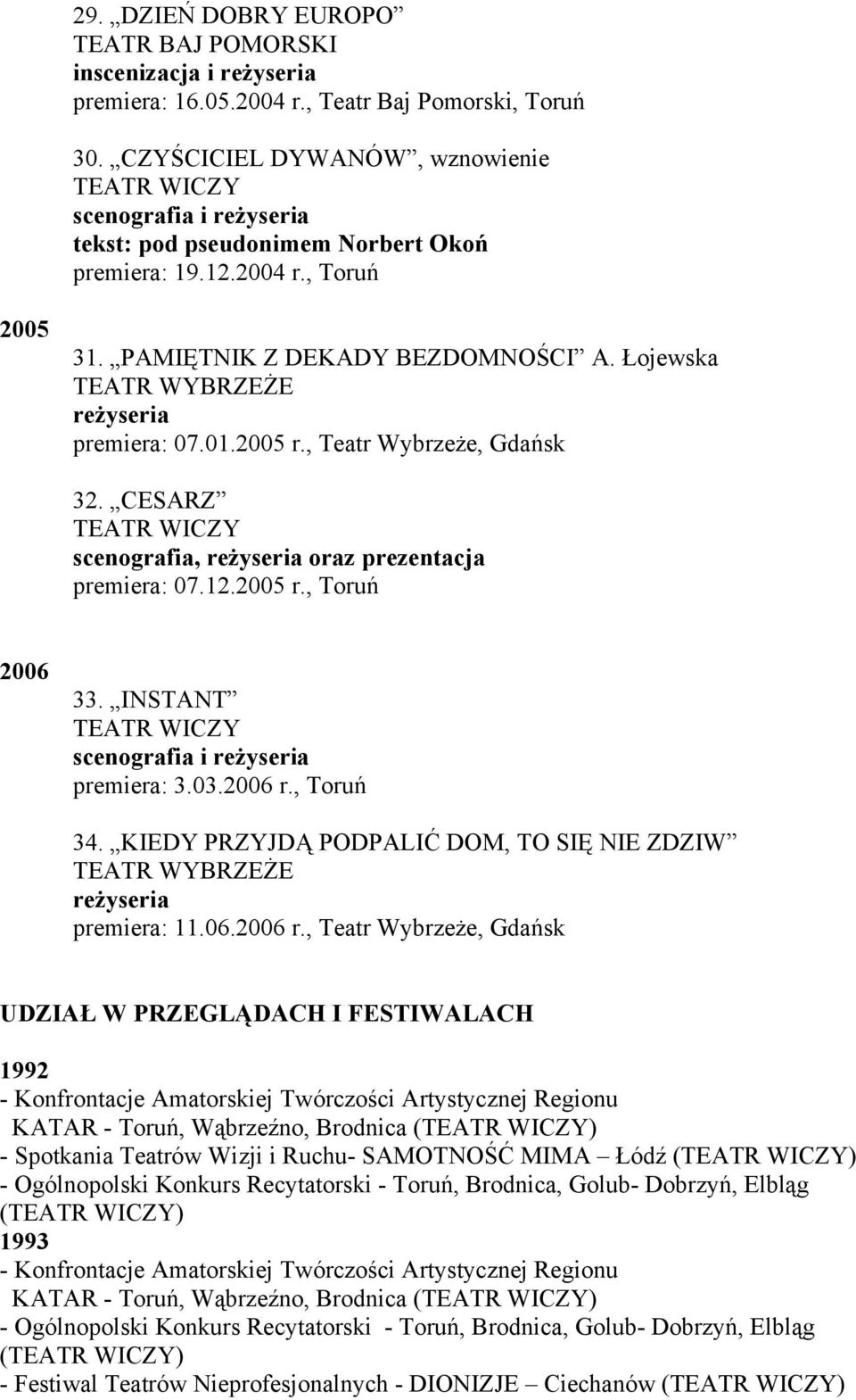 Łojewska TEATR WYBRZEŻE reżyseria premiera: 07.01.2005 r., Teatr Wybrzeże, Gdańsk 32. CESARZ scenografia, reżyseria oraz prezentacja premiera: 07.12.2005 r., Toruń 2006 33.