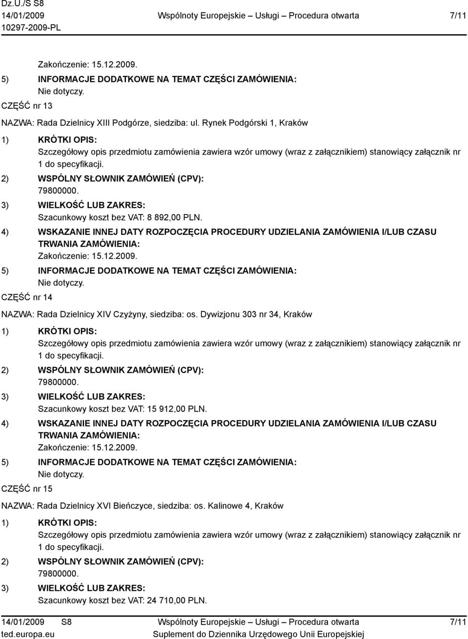 CZĘŚĆ nr 14 NAZWA: Rada Dzielnicy XIV Czyżyny, siedziba: os.