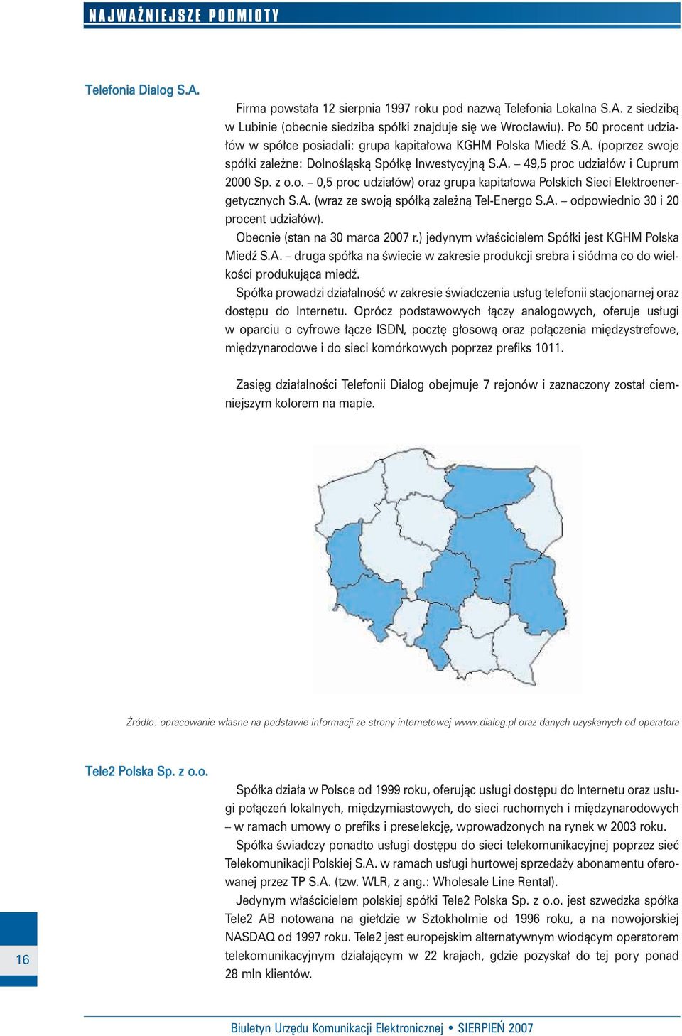 A. (wraz ze swojà spó kà zale nà Tel-Energo S.A. odpowiednio 30 i 20 procent udzia ów). Obecnie (stan na 30 marca 2007 r.) jedynym w aêcicielem Spó ki jest KGHM Polska Miedê S.A. druga spó ka na Êwiecie w zakresie produkcji srebra i siódma co do wielkoêci produkujàca miedê.