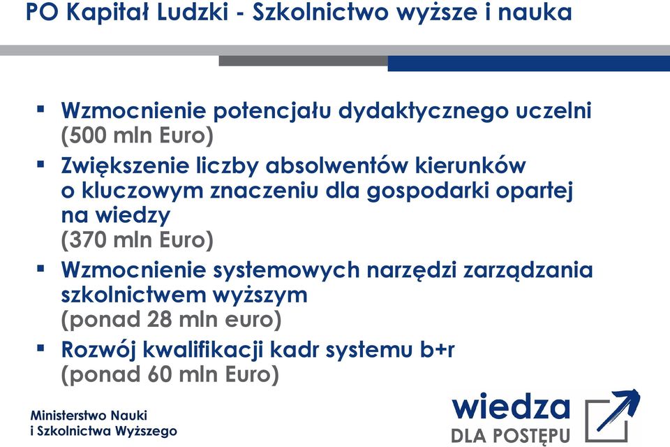 gospodarki opartej na wiedzy (370 mln Euro) Wzmocnienie systemowych narzędzi zarządzania