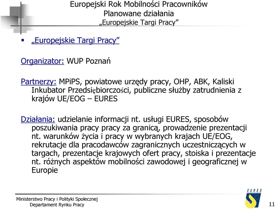 usługi EURES, sposobów poszukiwania pracy pracy za granicą, prowadzenie prezentacji nt.