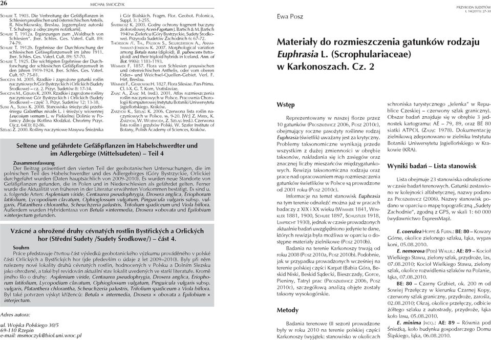 SCHUBE T. 1925. Die wichtigsten Ergebnisse der Durchforschung der schlesischen Gefäßpflanzenwelt in den Jahren 1919-1924. Jber. Schles. Ges. Vaterl. Cult. 97: 75-81. SMOCZYK M. 2005.