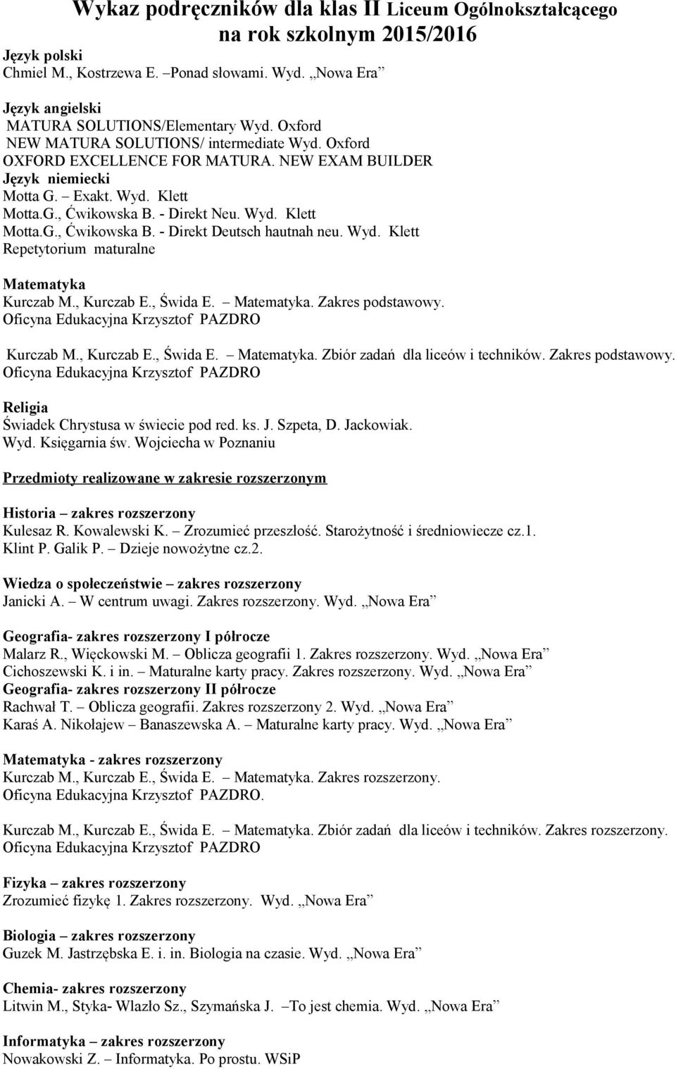 Zakres podstawowy. Religia Świadek Chrystusa w świecie pod red. ks. J. Szpeta, D. Jackowiak. Przedmioty realizowane w zakresie rozszerzonym Historia zakres rozszerzony Kulesaz R. Kowalewski K.
