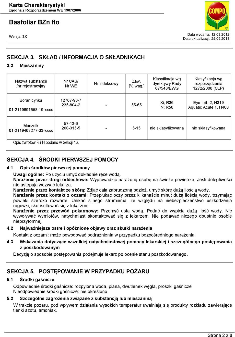 2, H319 Aquatic Acute 1, H400 Mocznik 01-2119463277-33-xxxx 57-13-6 200-315-5-5-15 nie sklasyfikowana nie sklasyfikowana Opis zwrotów R i H podano w Sekcji 16. SEKCJA 4. ŚRODKI PIERWSZEJ POMOCY 4.