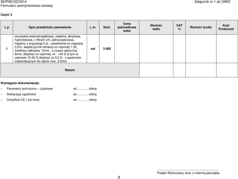 , uwodnienie co najwyŝej 0,5, współczynnik refrakcji co najmniej,55, średnica całkowita 3mm, a częsci