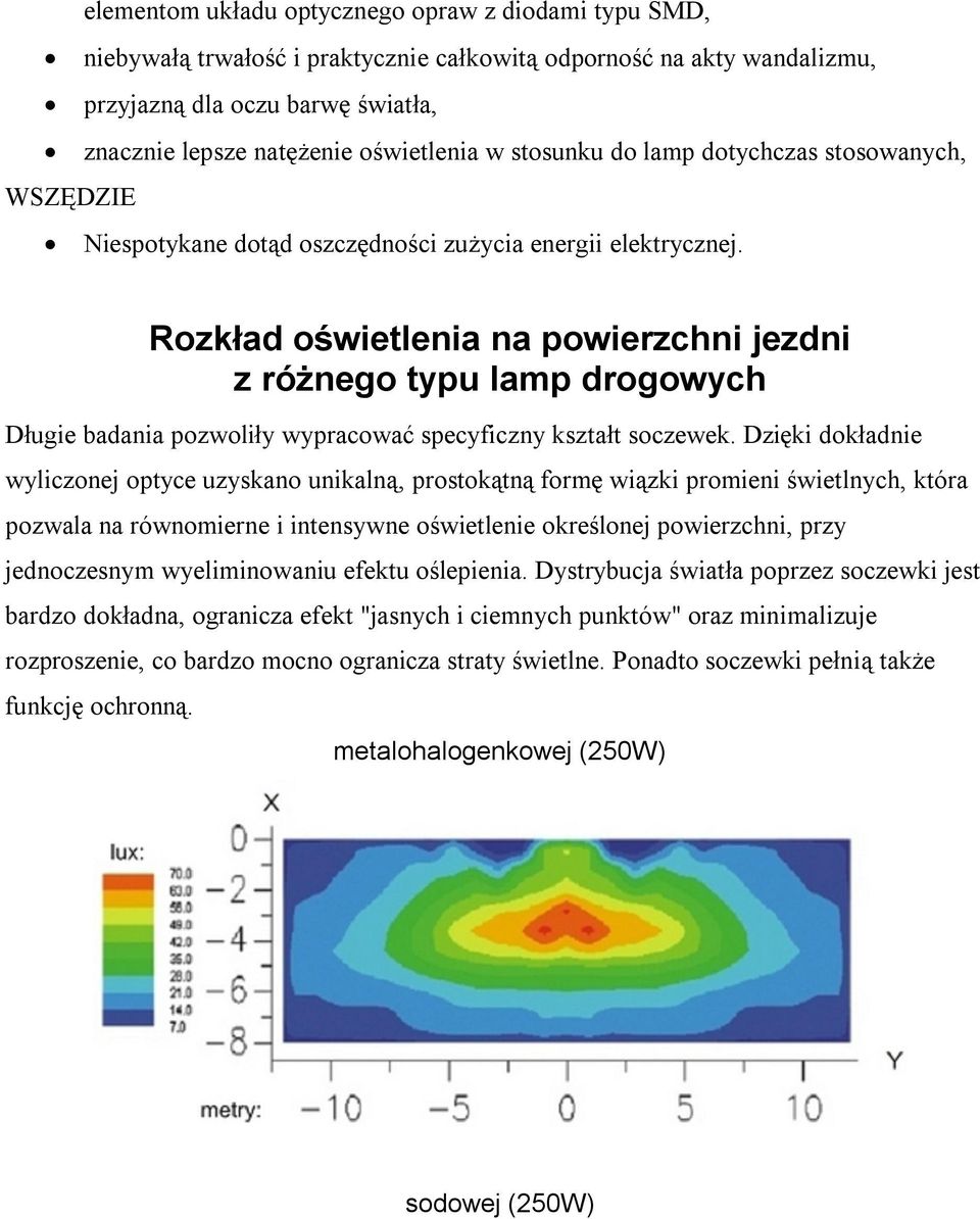 Rozkład oświetlenia na powierzchni jezdni z różnego typu lamp drogowych Długie badania pozwoliły wypracować specyficzny kształt soczewek.
