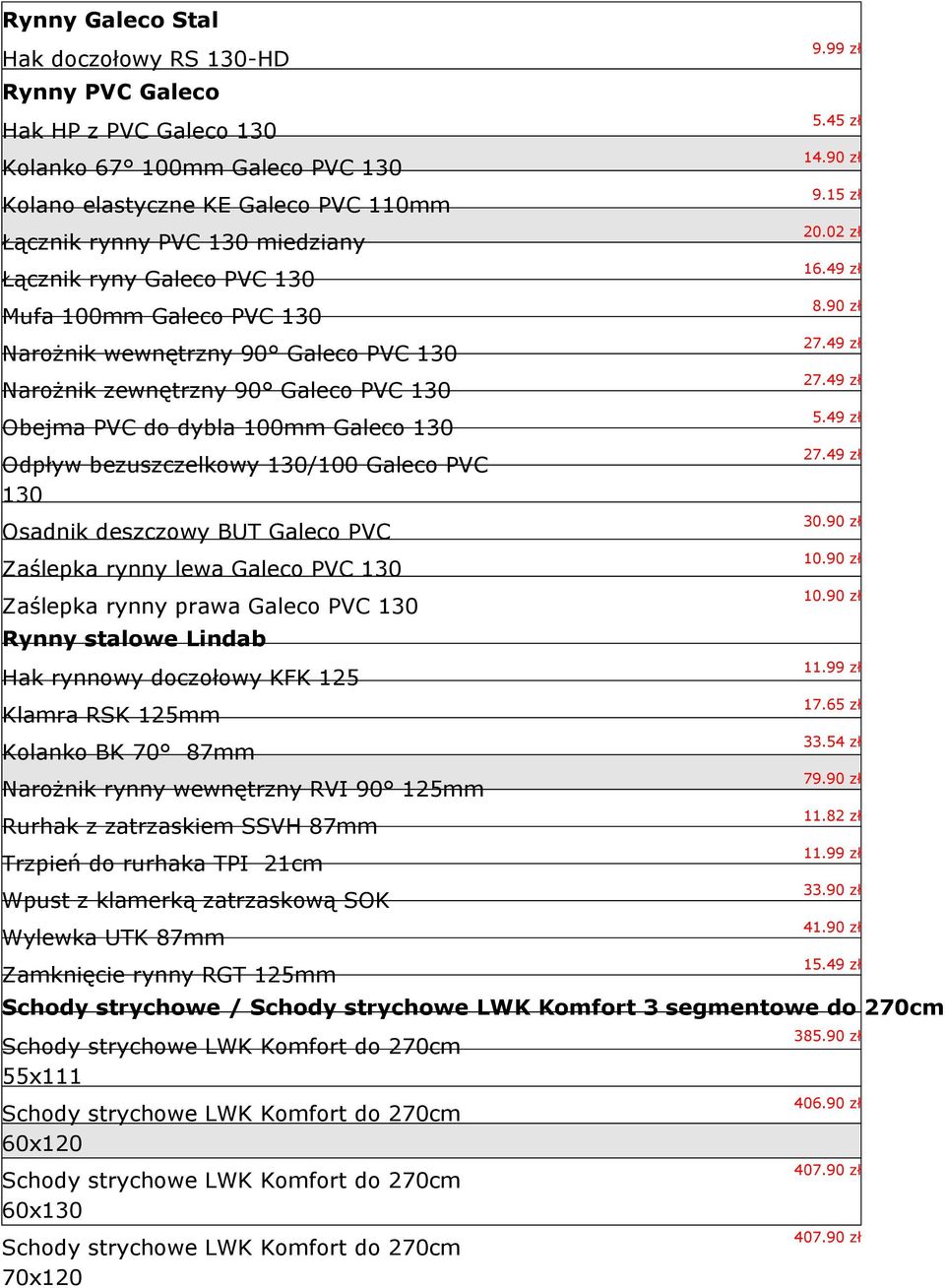 Osadnik deszczowy BUT Galeco PVC Zaślepka rynny lewa Galeco PVC 130 Zaślepka rynny prawa Galeco PVC 130 Rynny stalowe Lindab Hak rynnowy doczołowy KFK 125 Klamra RSK 125mm Kolanko BK 70 87mm Narożnik