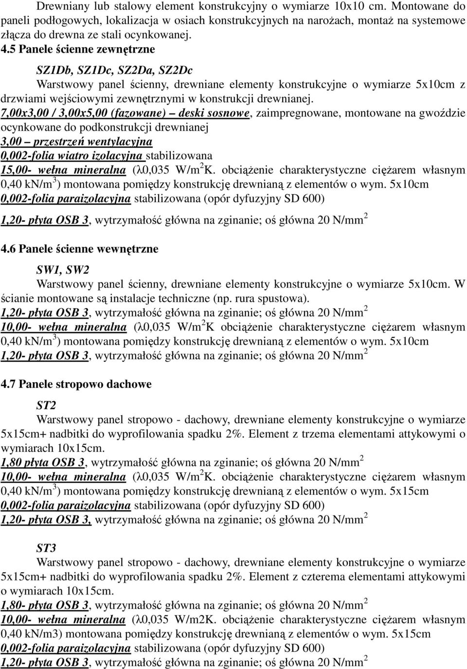 5 Panele ścienne zewnętrzne SZ1Db, SZ1Dc, SZ2Da, SZ2Dc Warstwowy panel ścienny, drewniane elementy konstrukcyjne o wymiarze 5x10cm z drzwiami wejściowymi zewnętrznymi w konstrukcji drewnianej.