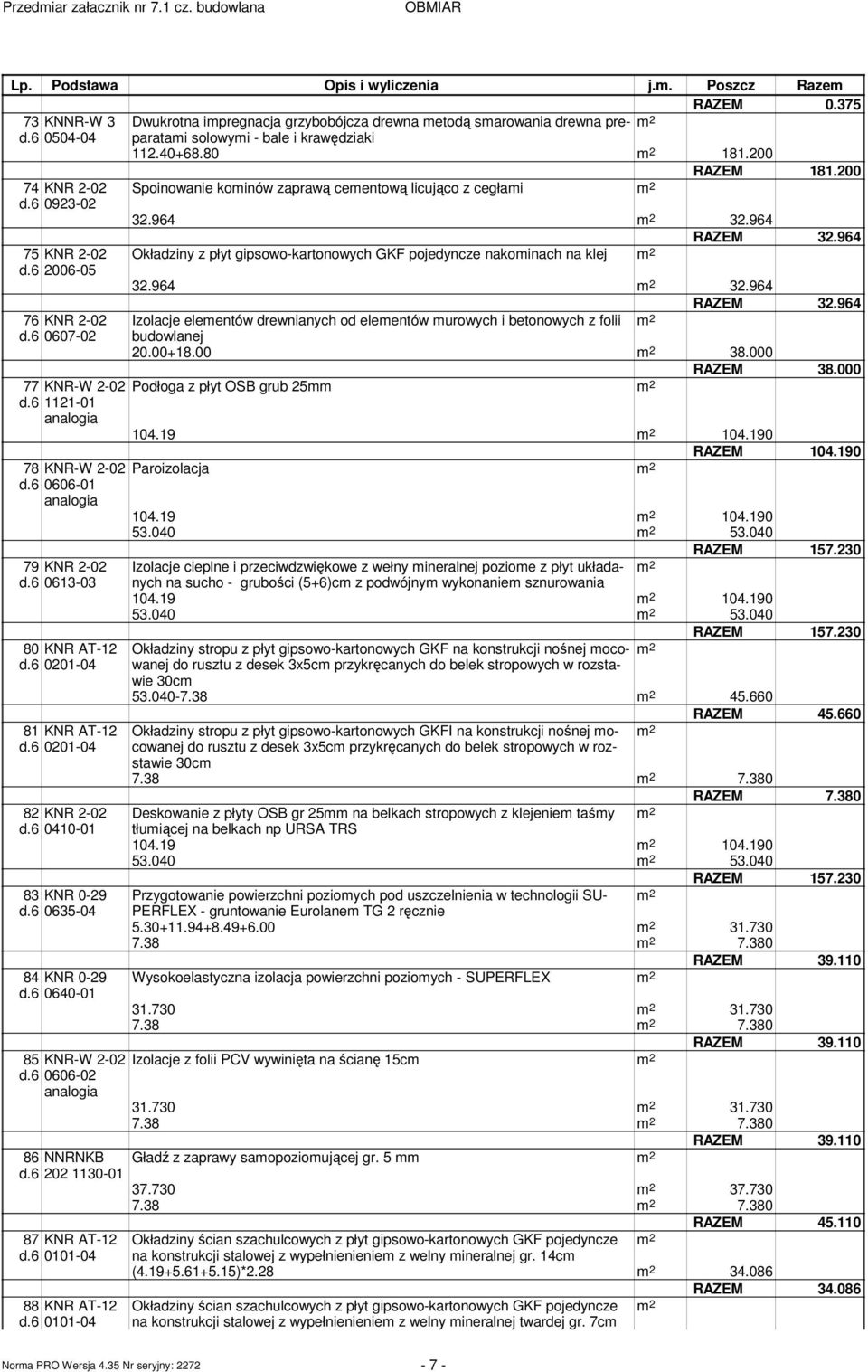 6 2006-05 32.964 32.964 RAZEM 32.964 76 KNR 2-02 Izolacje eleentów drewnianych od eleentów urowych i betonowych z folii d.6 0607-02 budowlanej 20.00+18.00 38.000 RAZEM 38.