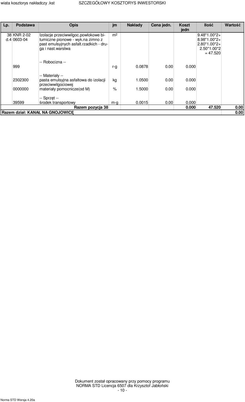 00*2 = 47.520 999 r-g 0.0878 0.00 0.000 2302300 pasta emulsyjna asfaltowa do izolacji kg 1.0500 0.00 0.000 przeciwwilgociowej 39599 środek transportowy m-g 0.