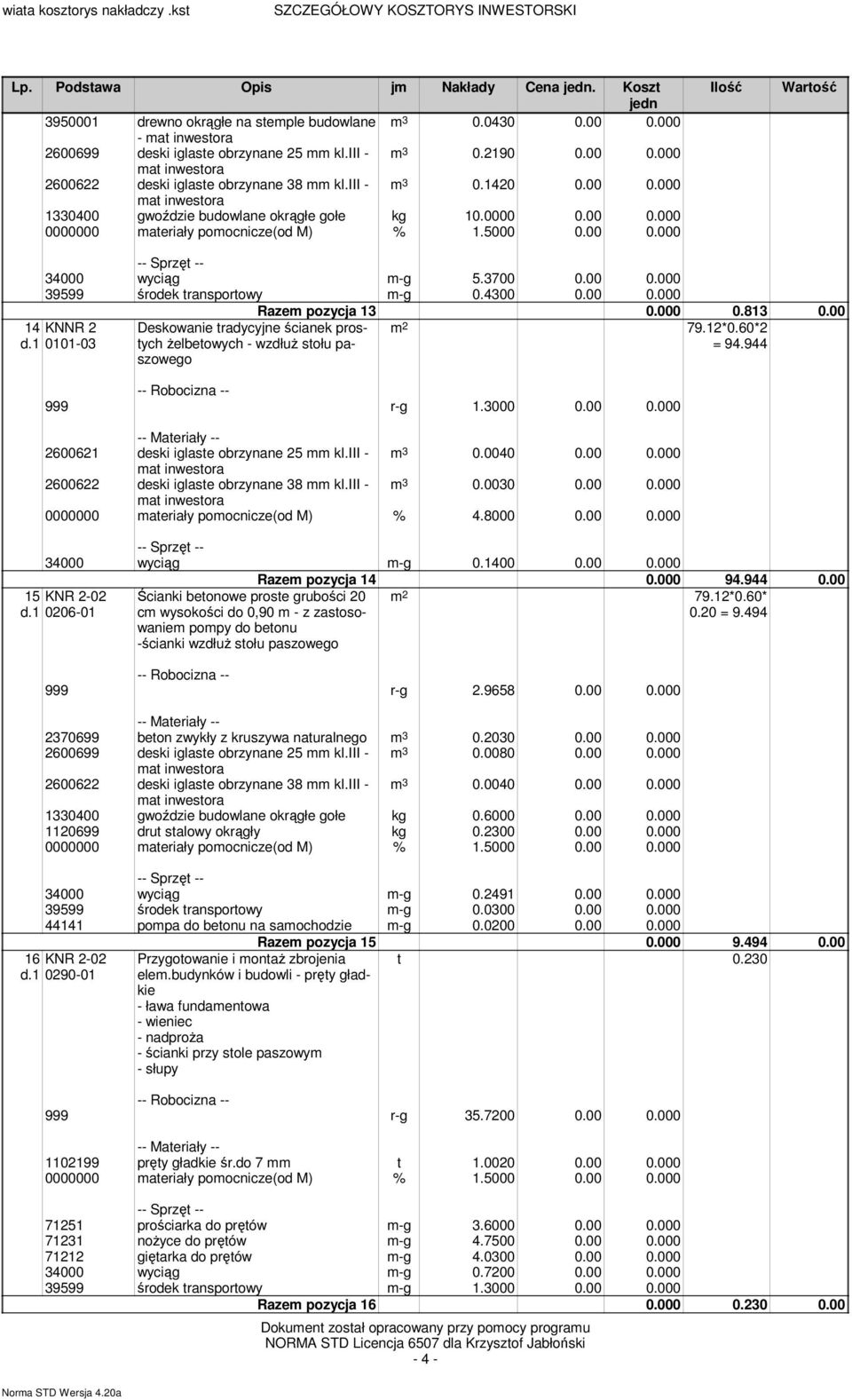 1 0101-03 Deskowanie tradycyjne ścianek prostych żelbetowych - wzdłuż stołu paszowego Razem pozycja 13 0.000 0.813 0.00 m 2 79.12*0.60*2 = 94.944 999 r-g 1.3000 0.00 0.000 2600621 deski iglaste obrzynane 25 mm kl.