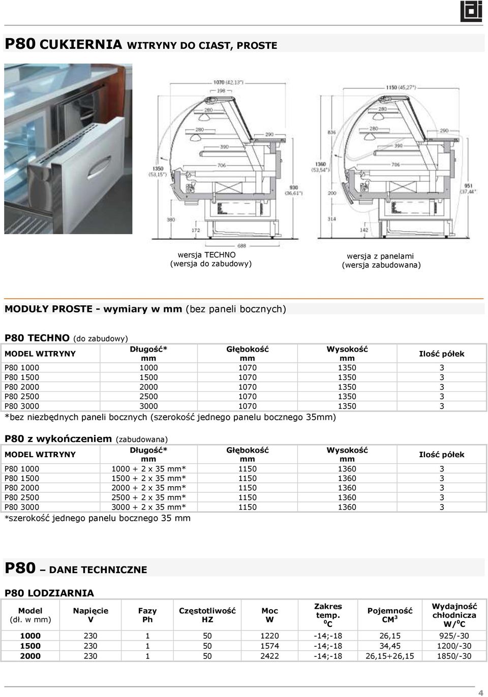 jednego panelu bocznego 35) P80 z wykończeniem (zabudowana) Długość* Wysokość Ilość półek P80 1000 1000 + 2 x 35 * 1150 1360 3 P80 1500 1500 + 2 x 35 * 1150 1360 3 P80 2000 2000 + 2 x 35 * 1150 1360