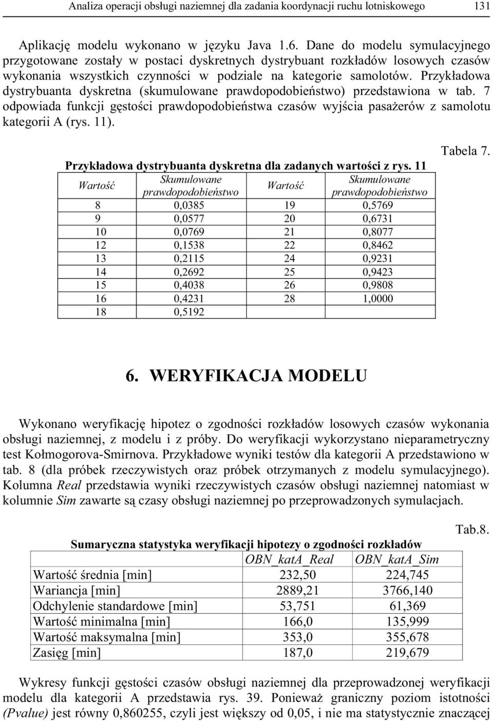 Przyk adowa dystrybuanta dyskretna (skumulowane prawdopodobie stwo) przedstawiona w tab. 7 odpowiada funkcji g sto ci prawdopodobie stwa czasów wyj cia z samolotu kategorii A (rys. 11).