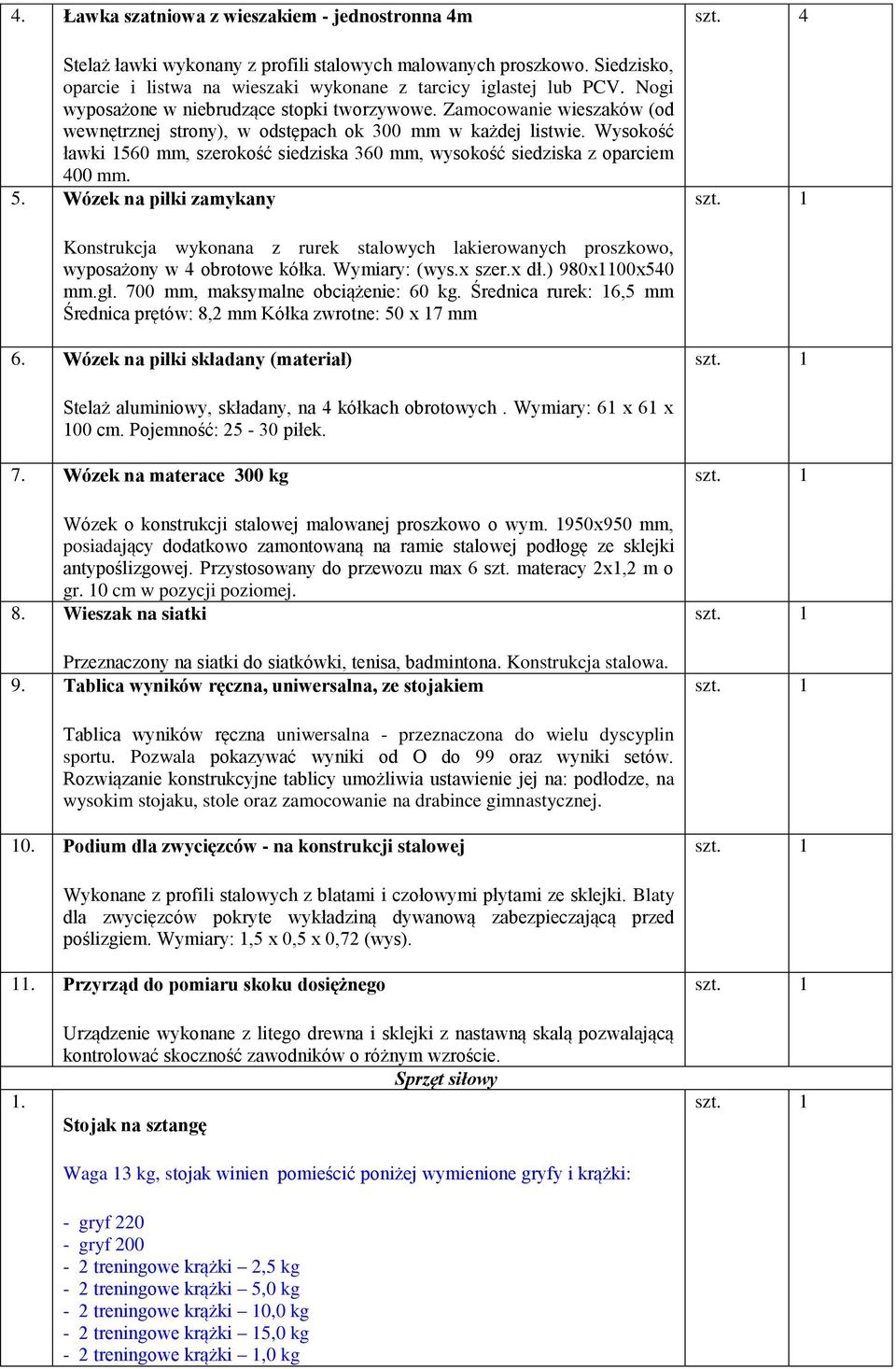 Wysokość ławki 1560 mm, szerokość siedziska 360 mm, wysokość siedziska z oparciem 400 mm. 5.
