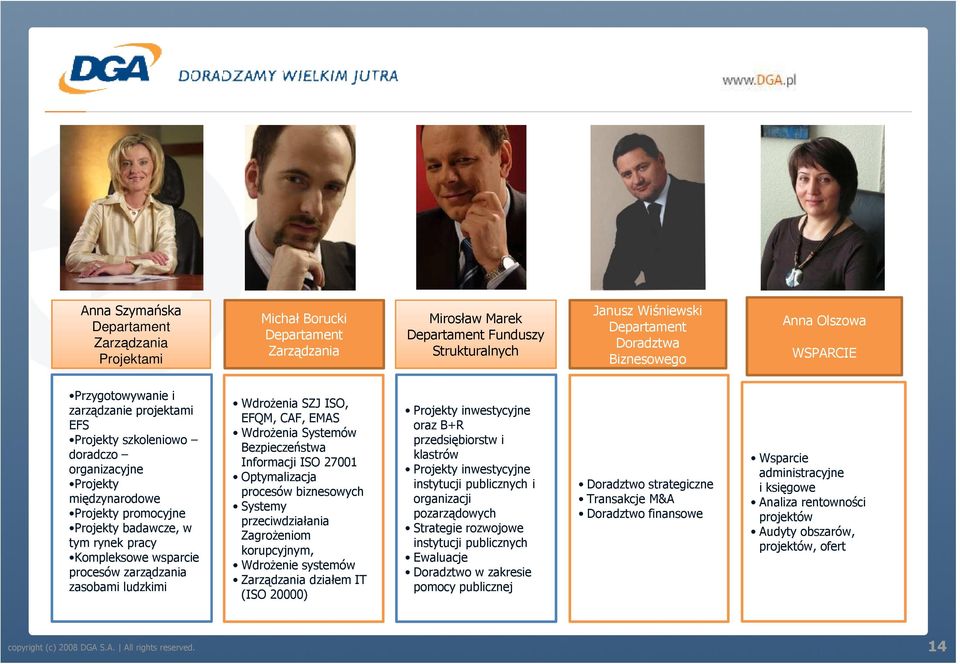 wsparcie procesów zarządzania zasobami ludzkimi WdroŜenia SZJ ISO, EFQM, CAF, EMAS WdroŜenia Systemów Bezpieczeństwa Informacji ISO 27001 Optymalizacja procesów biznesowych Systemy przeciwdziałania