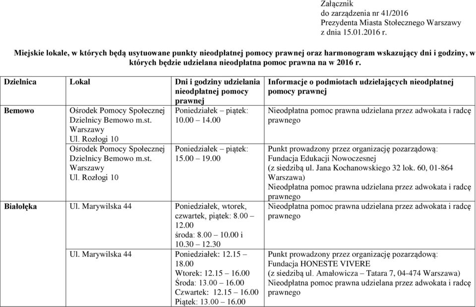 Dzielnica Lokal Dni i godziny udzielania nieodpłatnej pomocy prawnej Bemowo Dzielnicy Bemowo m.st. Ul. Rozłogi 10 Dzielnicy Bemowo m.st. Ul. Rozłogi 10 10.00 14.00 15.00 19.00 Białołęka Ul.