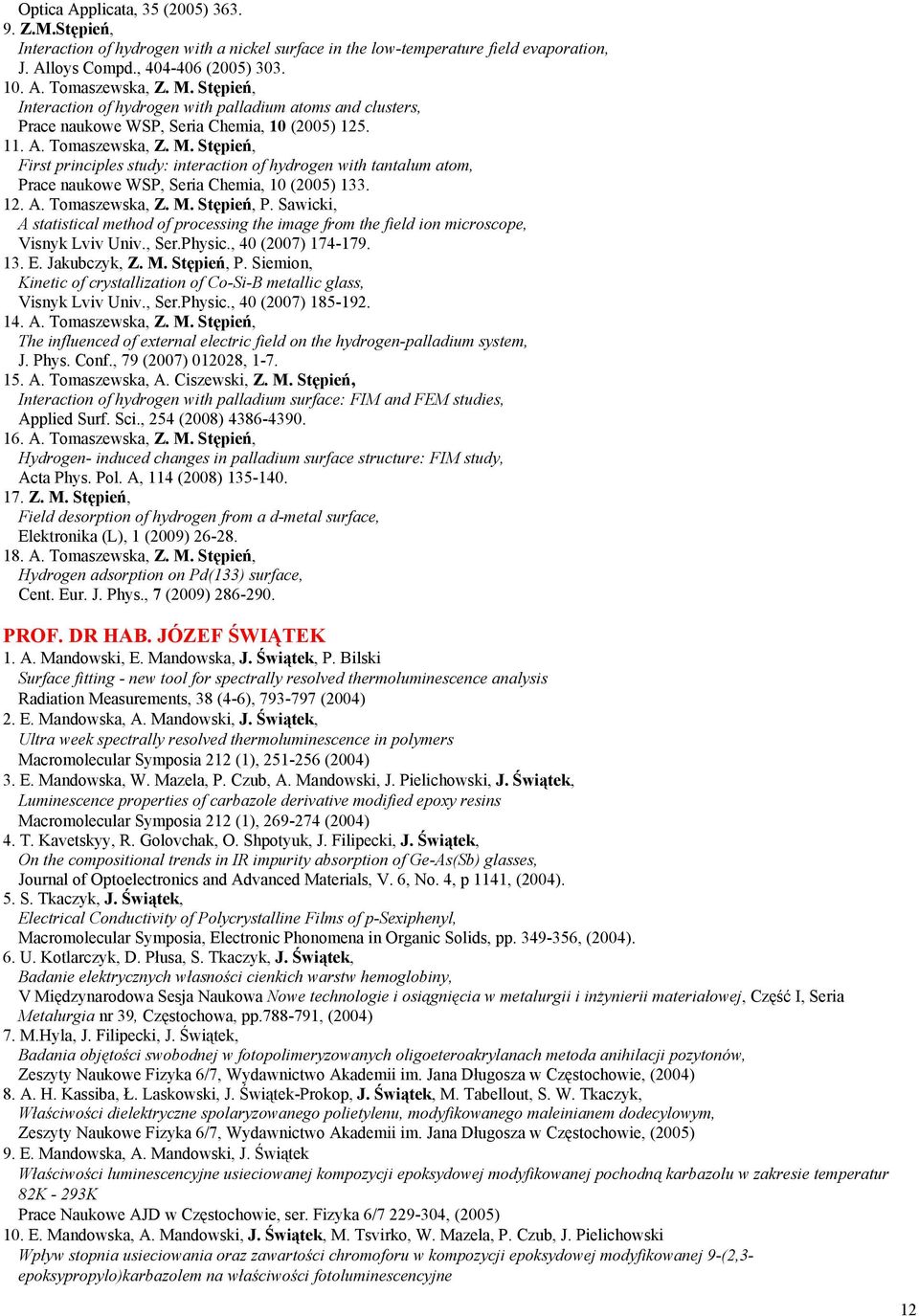 Stępień, First principles study: interaction of hydrogen with tantalum atom, Prace naukowe WSP, Seria Chemia, 10 (2005) 133. 12. A. Tomaszewska, Z. M. Stępień, P.