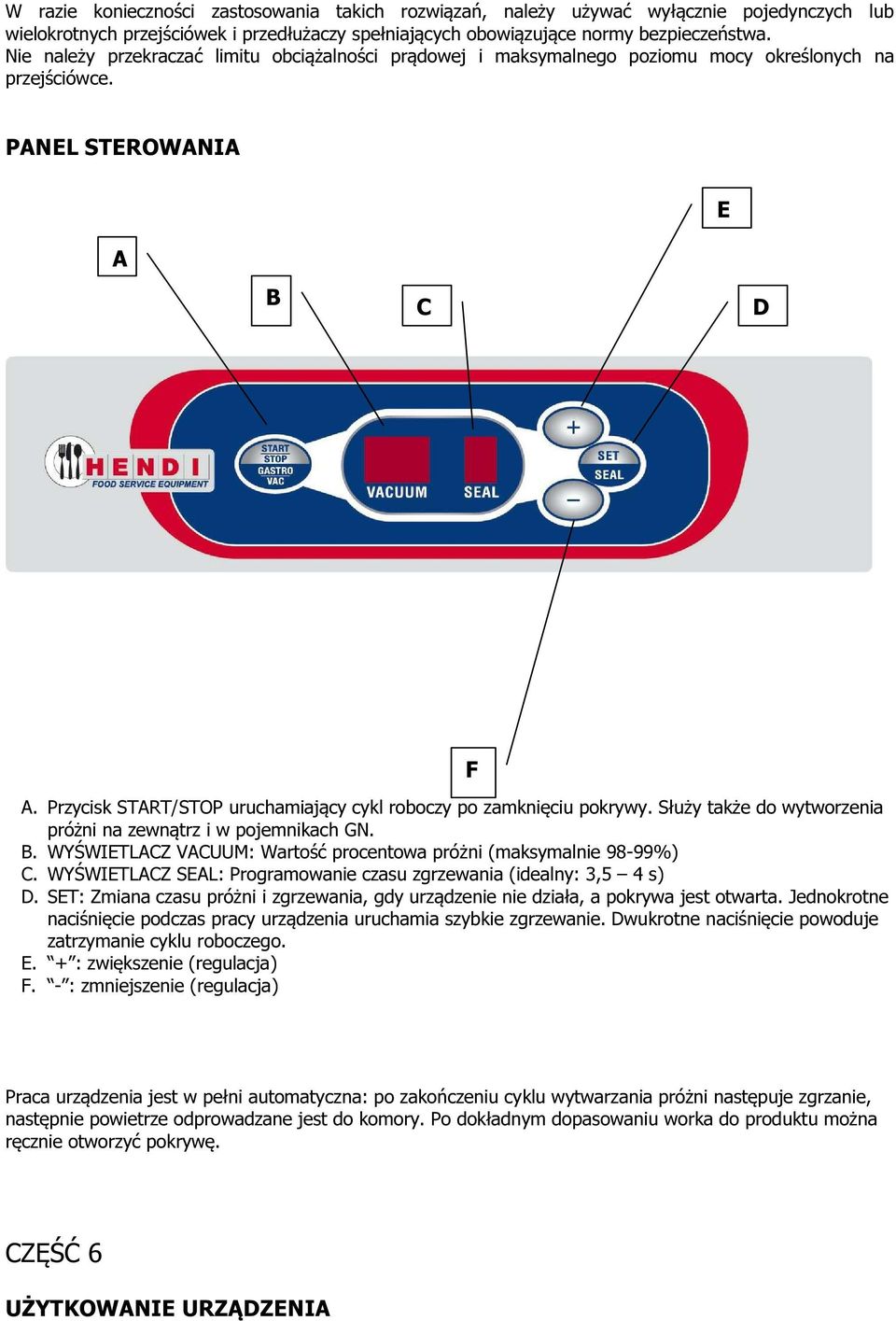 Przycisk START/STOP uruchamiający cykl roboczy po zamknięciu pokrywy. Służy także do wytworzenia próżni na zewnątrz i w pojemnikach GN. B.