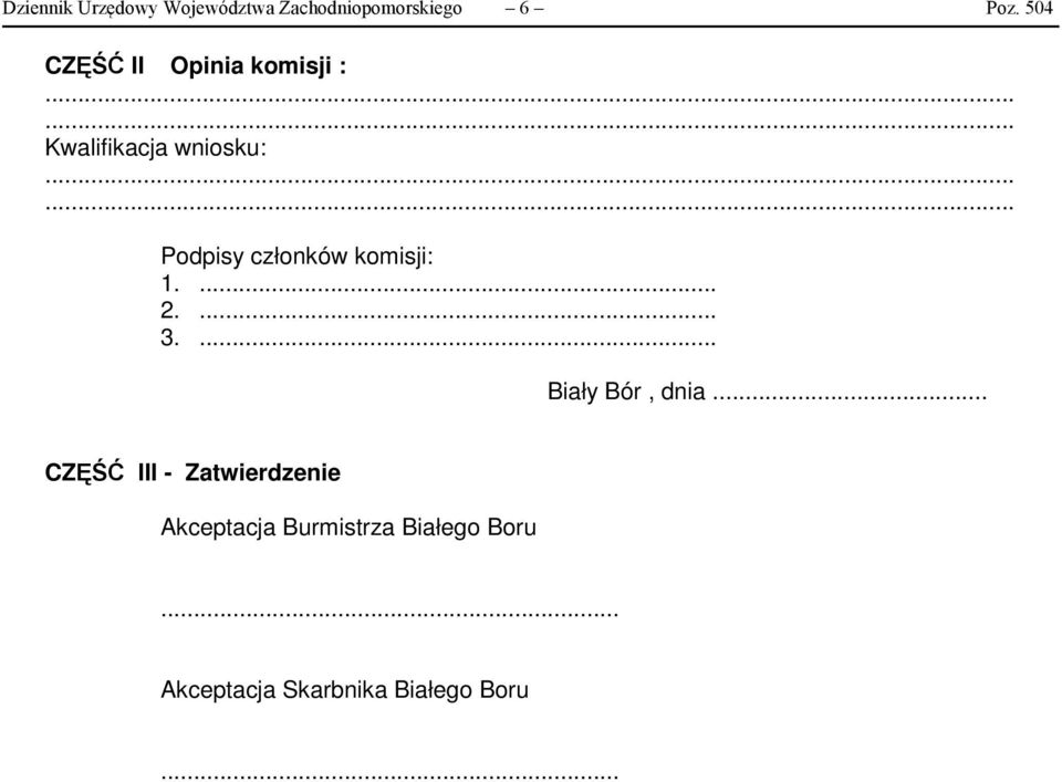 ..... Podpisy członków komisji: 1.... 2.... 3.... Biały Bór, dnia.