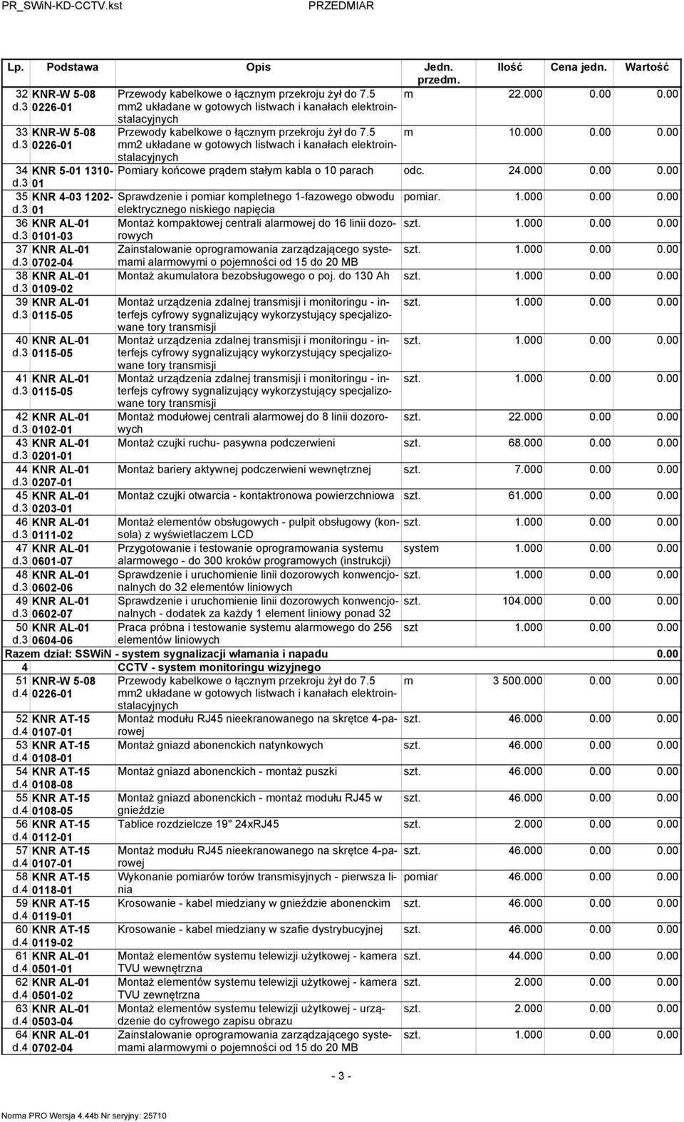 3 0101-03 37 KNR AL-01 Zainstalowanie oprogramowania zarządzającego systemami d.3 0702-04 alarmowymi o pojemności od 15 do 20 MB 38 KNR AL-01 Montaż akumulatora bezobsługowego o poj. do 130 Ah d.