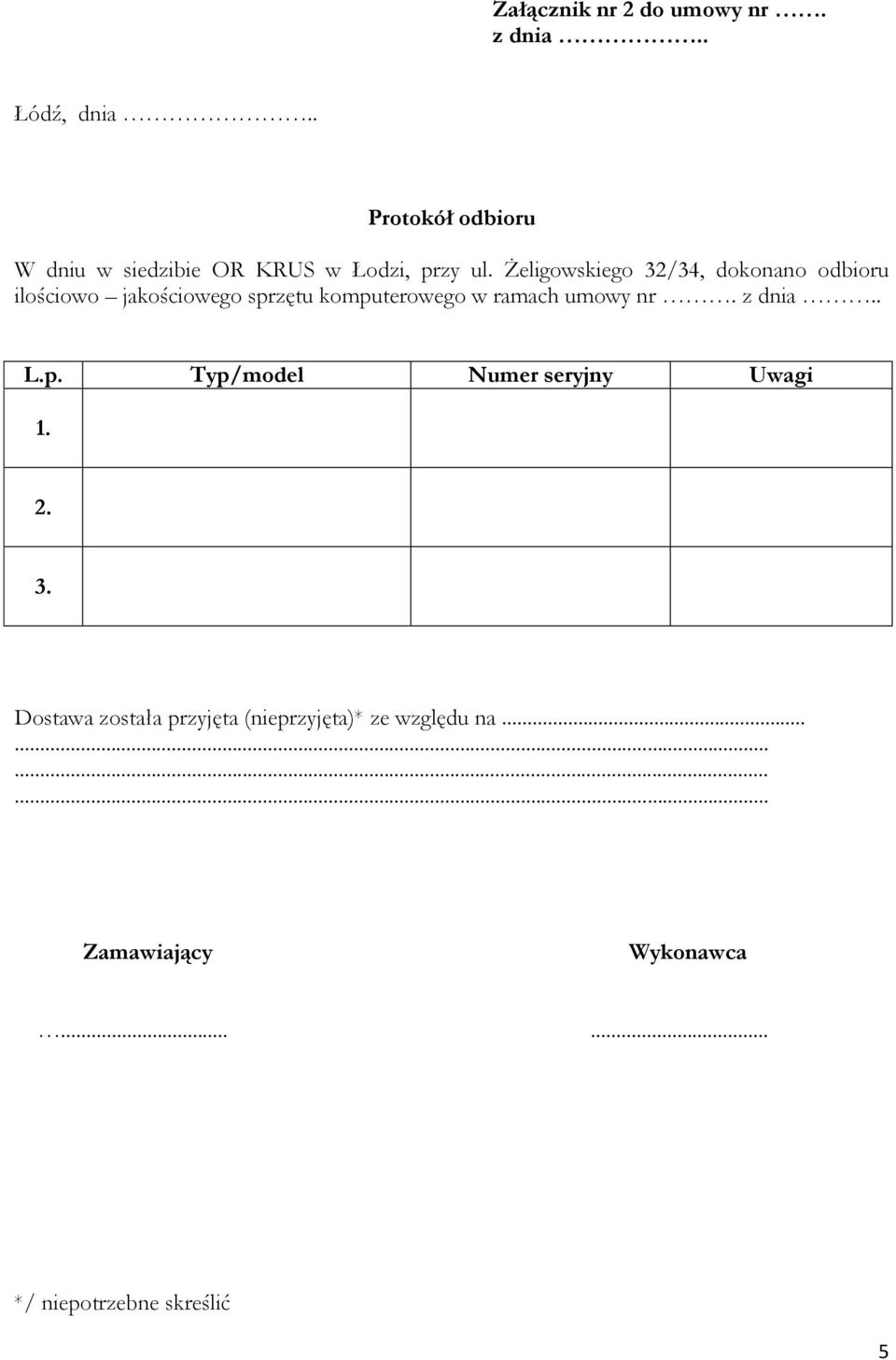 Żeligowskiego 32/34, dokonano odbioru ilościowo jakościowego sprzętu komputerowego w ramach