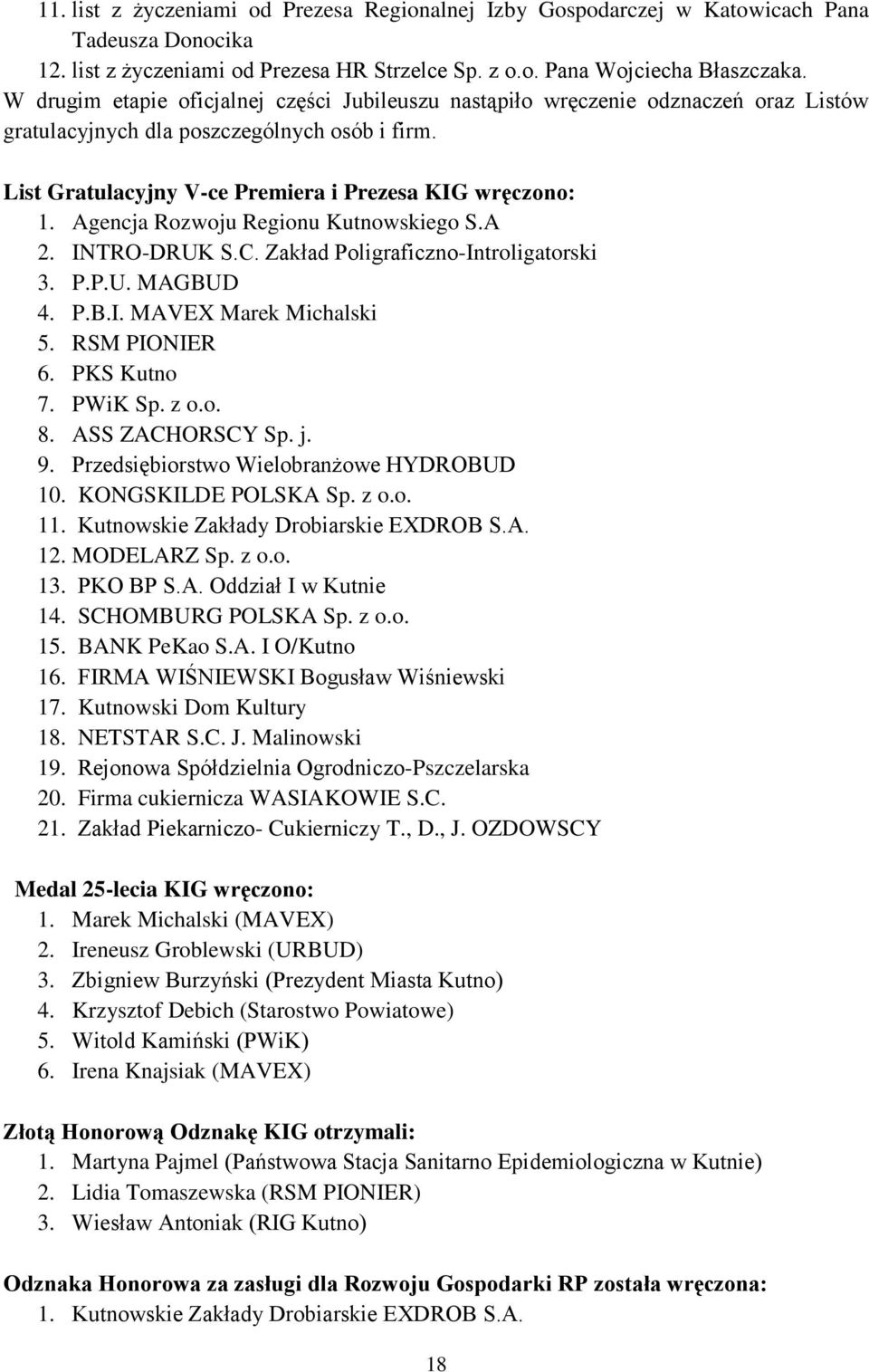 Agencja Rozwoju Regionu Kutnowskiego S.A 2. INTRO-DRUK S.C. Zakład Poligraficzno-Introligatorski 3. P.P.U. MAGBUD 4. P.B.I. MAVEX Marek Michalski 5. RSM PIONIER 6. PKS Kutno 7. PWiK Sp. z o.o. 8.