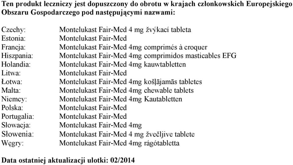 Montelukast Fair-Med Łotwa: Montelukast Fair-Med 4mg košļājamās tabletes Malta: Montelukast Fair-Med 4mg chewable tablets Niemcy: Montelukast Fair-Med 4mg Kautabletten Polska: Montelukast Fair-Med