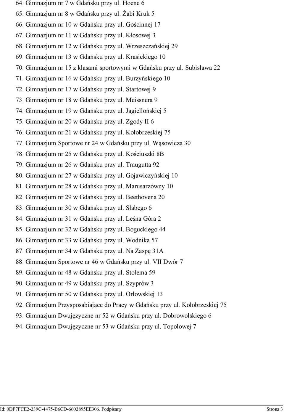 Gimnazjum nr 16 w Gdańsku przy ul. Burzyńskiego 10 72. Gimnazjum nr 17 w Gdańsku przy ul. Startowej 9 73. Gimnazjum nr 18 w Gdańsku przy ul. Meissnera 9 74. Gimnazjum nr 19 w Gdańsku przy ul.