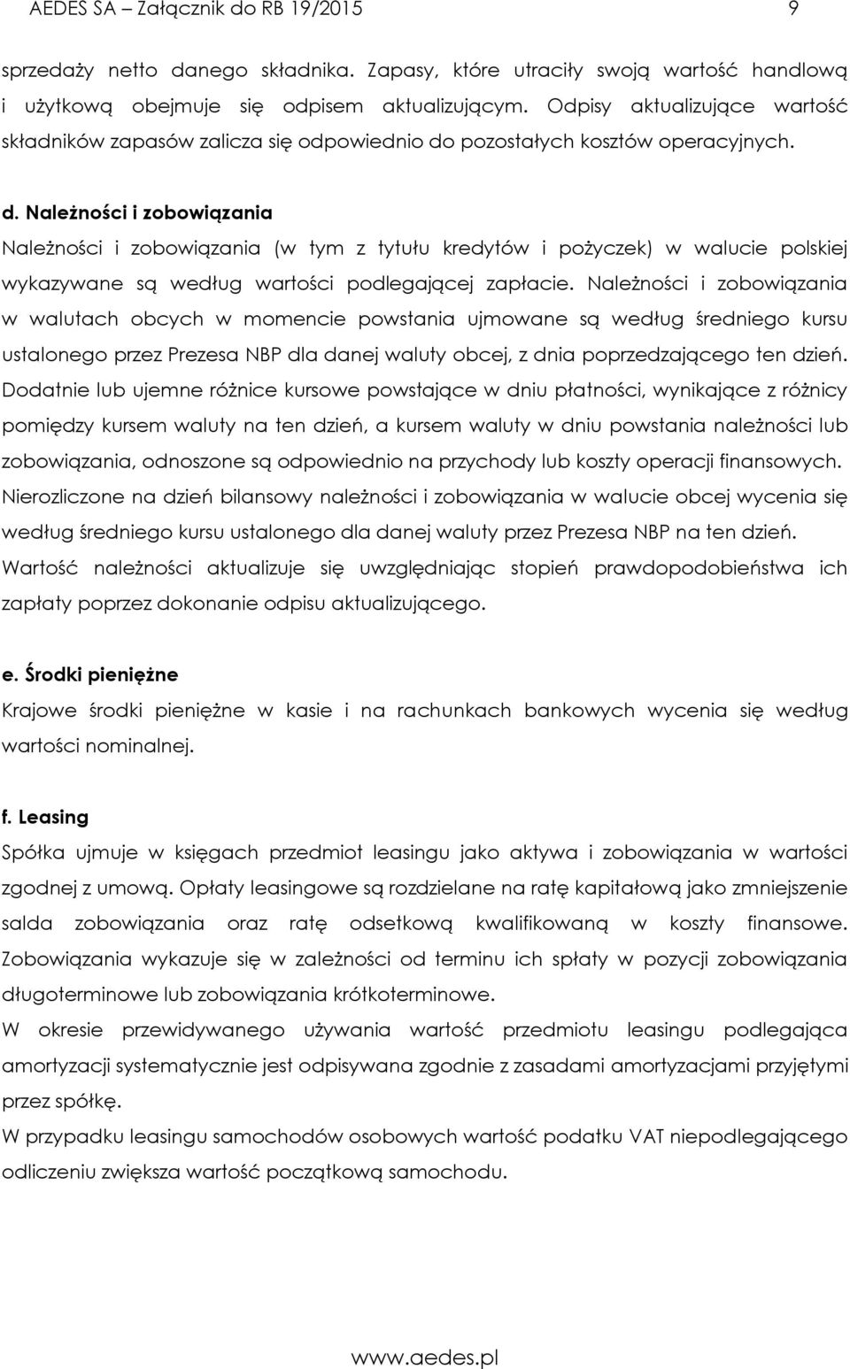 pozostałych kosztów operacyjnych. d. Należności i zobowiązania Należności i zobowiązania (w tym z tytułu kredytów i pożyczek) w walucie polskiej wykazywane są według wartości podlegającej zapłacie.