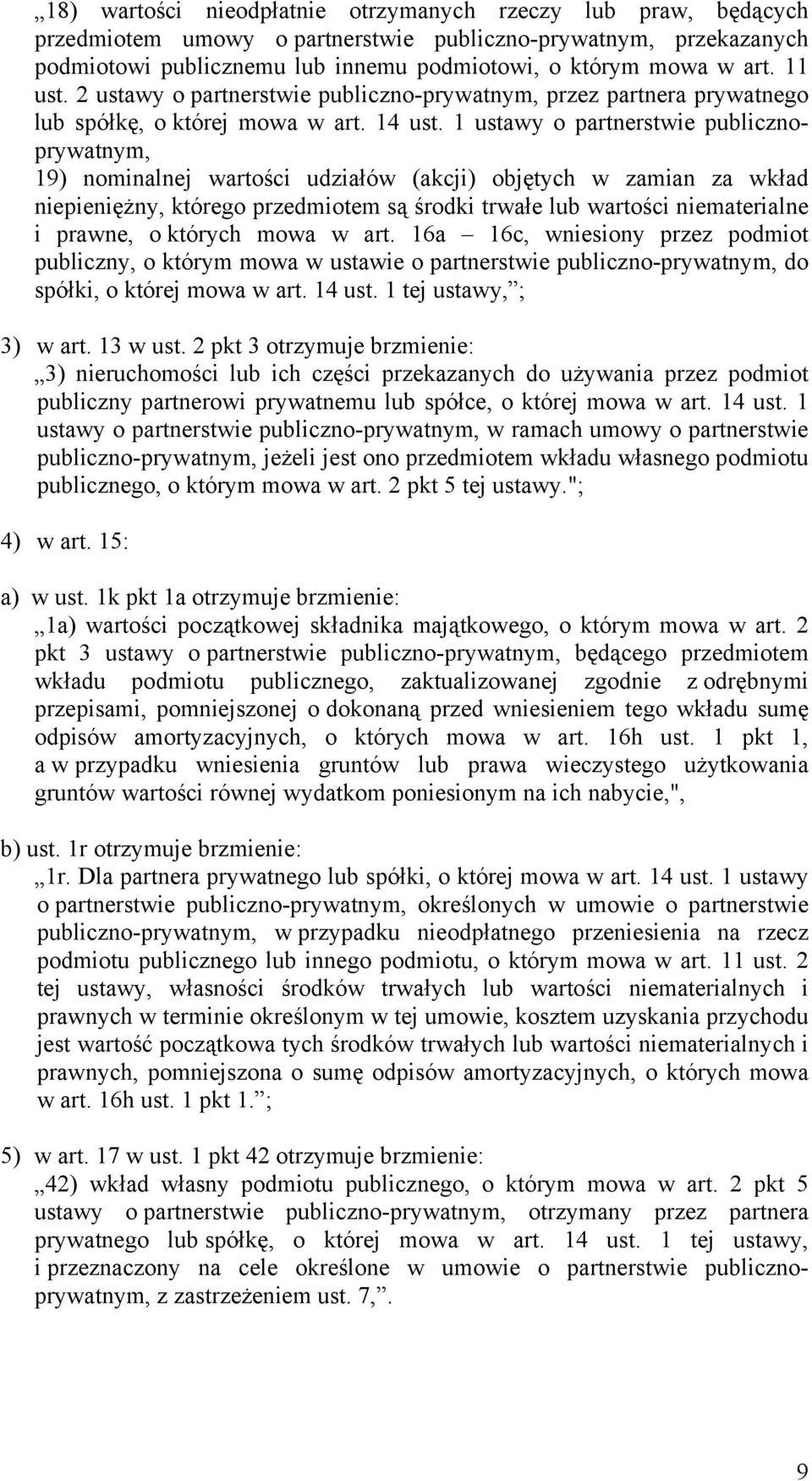 1 ustawy o partnerstwie publicznoprywatnym, 19) nominalnej wartości udziałów (akcji) objętych w zamian za wkład niepieniężny, którego przedmiotem są środki trwałe lub wartości niematerialne i prawne,