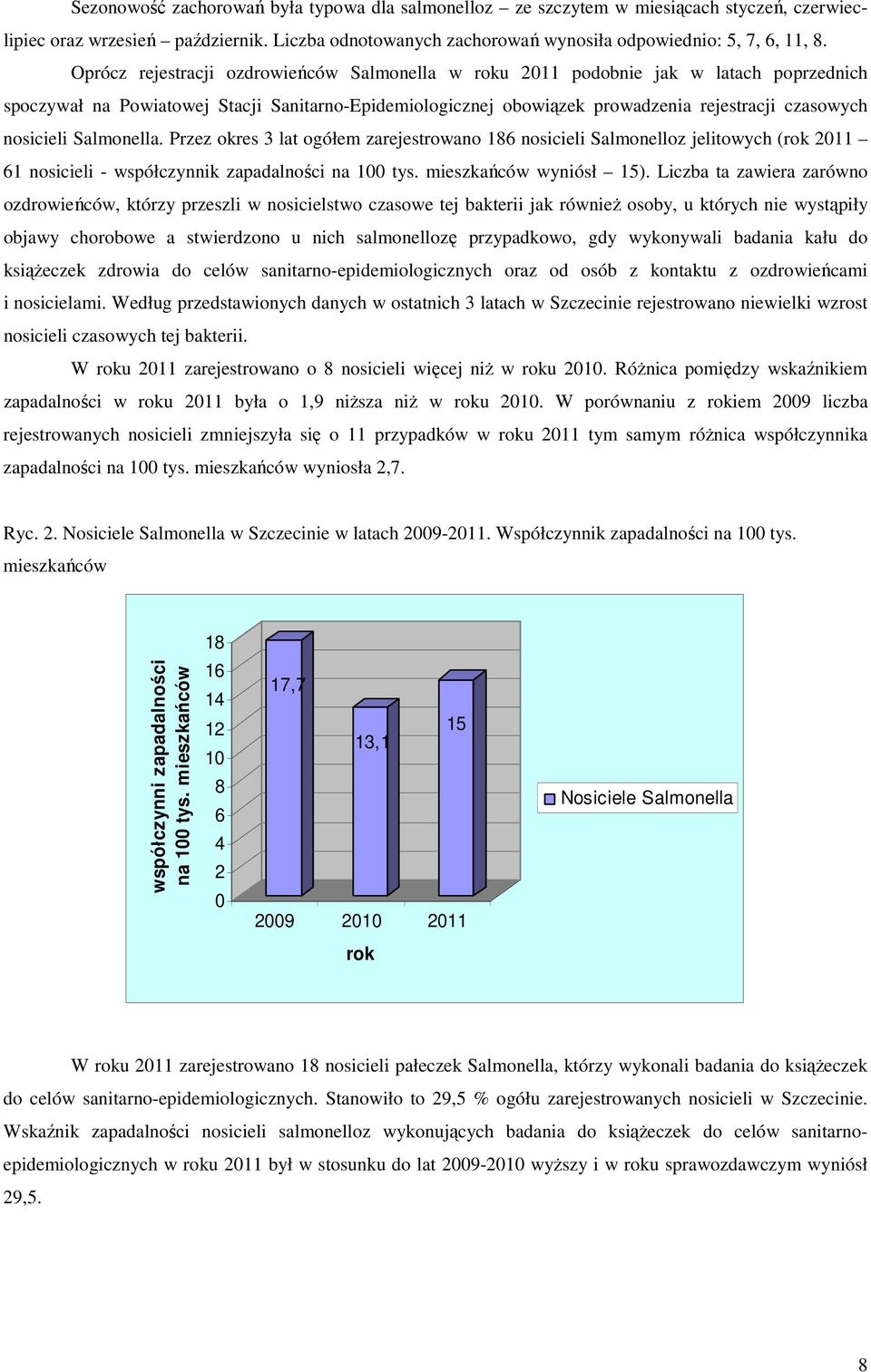 nosicieli Salmonella. Przez okres 3 lat ogółem zarejestrowano 186 nosicieli Salmonelloz jelitowych (rok 2011 61 nosicieli - współczynnik zapadalności na 100 tys. mieszkańców wyniósł 15).