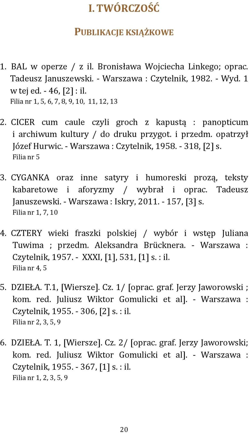 - 318, [2] s. Filia nr 5 3. CYGANKA oraz inne satyry i humoreski prozą, teksty kabaretowe i aforyzmy / wybrał i oprac. Tadeusz Januszewski. - Warszawa : Iskry, 2011. - 157, [3] s. Filia nr 1, 7, 10 4.